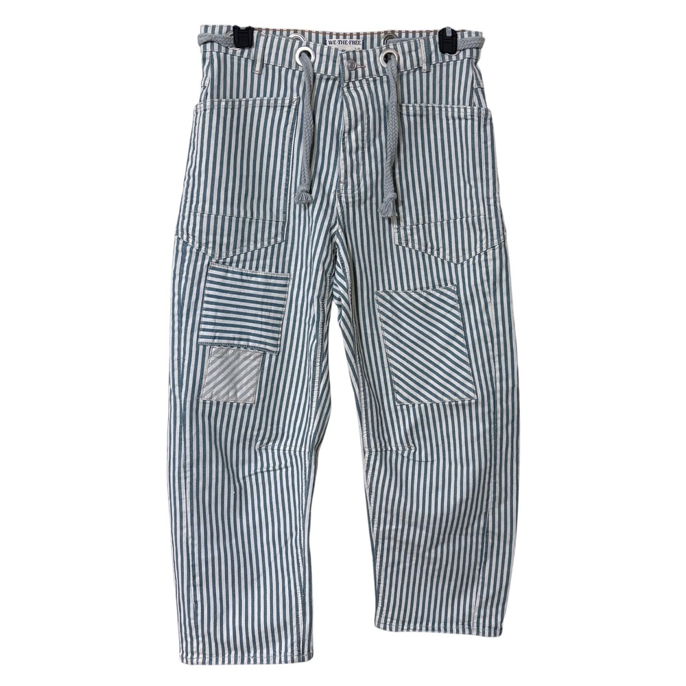Free People We The Free Moxie Railroad-Stripe Patchwork Jeans Blue White